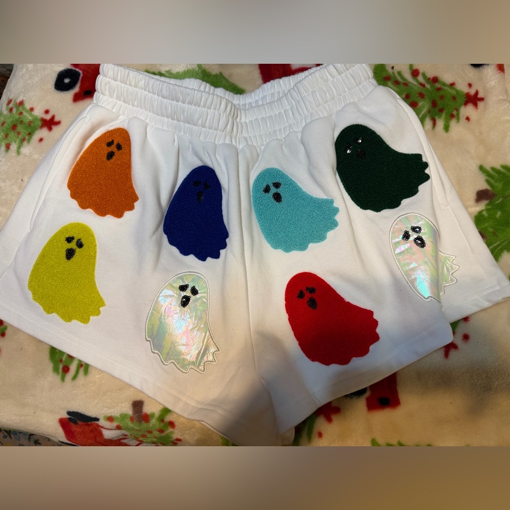 QUEEN OF SPARKLES White Shorts with Colorful Ghost Accents